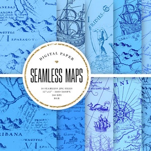 Könnte beinhalten: Ein digitales Papierpaket mit 10 nahtlosen Vintage-Kartendesigns in Blau und Weiß. Die Karten sind detailliert und kunstvoll, mit Namen von Orten und geografischen Merkmalen. Die Karten sind perfekt für Scrapbooking, Kartenherstellung und andere Papierarbeiten.