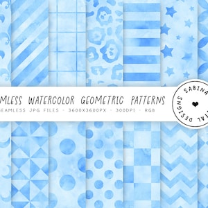 Blue Seamless Patterns, Pastel Watercolor Geometric Backgrounds, Blue Scrapbook Paper 12x12, Digital Paper, Instant Download, COMMERCIAL USE