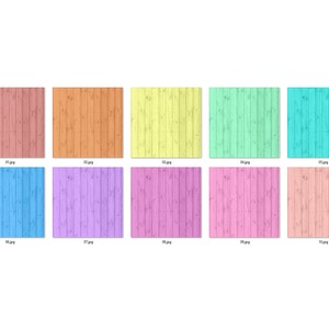 May include: Ten different pastel colored wood grain textures. The colors are peach, orange, yellow, light green, turquoise, light blue, lavender, pink, and light pink.