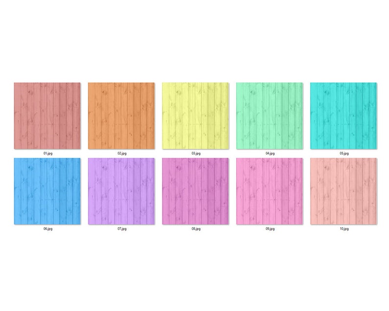 May include: Ten different pastel colored wood grain textures. The colors are peach, orange, yellow, light green, turquoise, light blue, lavender, pink, and light pink.
