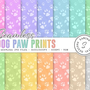 May include: A set of 14 digital paper patterns featuring white paw prints on various pastel backgrounds. The patterns are seamless and can be used for scrapbooking, card making, and other craft projects.