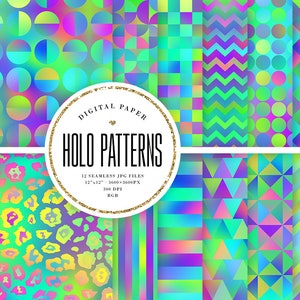 Bright Holographic Seamless Digital Paper, Modern Geometric Patterns, Green Holo Backgrounds, Vibrant Ombre & Gradients, COMMERCIAL USE