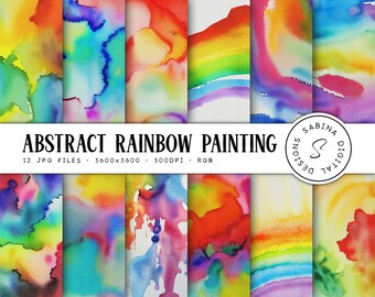 Abstract Rainbow Painting, Digital Watercolor Backgrounds, 12x12 Scrapbook Paper, Bright Watercolour Art Scrapbooking, Commercial Use