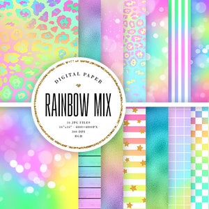 May include: A digital paper pack with 16 different rainbow-themed patterns. The patterns include leopard print, stripes, polka dots, and more. The pack is perfect for scrapbooking, card making, and other crafting projects.