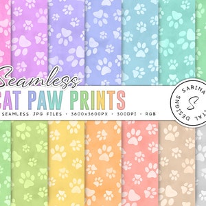 Può includere: Un set di 14 motivi digitali senza cuciture con impronte di zampe di gatto bianche su vari sfondi pastello. I motivi sono 3600x3600 pixel e 300 DPI. Il testo "Seamless Cat Paw Prints" è visualizzato nella parte superiore dell'immagine.