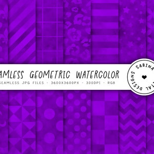 May include: A set of 14 digital paper designs featuring purple watercolor geometric patterns. The patterns include stars, stripes, polka dots, and more.