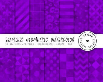 Violet Digital Papers, Basic Scrapbook Paper 12x12, Seamless Grunge Geometric Backgrounds, Bright Purple Watercolor Patterns, Commercial Use