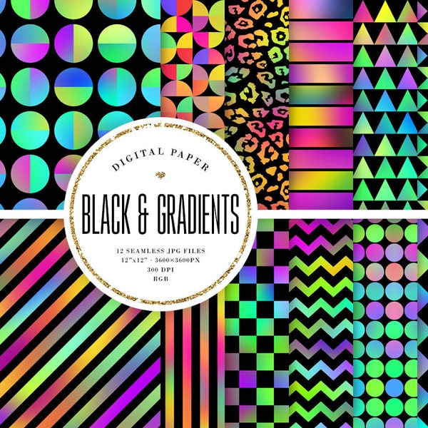 Bright Gradient Seamless Geometric Patterns On Black Backgrounds, Vibrant Ombre, Neon Digital Paper 12x12, Instant Download, COMMERCIAL USE