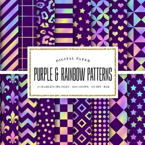 Deep Purple & Rainbow Digital Paper, Dark Violet And Iridescent Seamless Patterns, Simple Geometric Scrapbook Backgrounds, COMMERCIAL USE