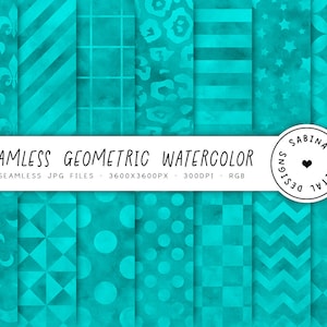 Turquoise Digital Papers, Basic Scrapbook Paper 12x12, Seamless Grunge Geometric Backgrounds, Teal Watercolor Patterns, Commercial Use