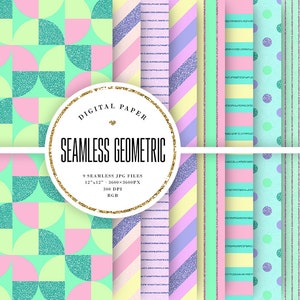 Könnte beinhalten: Neun digitale Papiermuster mit geometrischen Designs in Rosa, Grün, Gelb und Lila mit einer glitzernden Textur. Die Muster sind nahtlos und können für Scrapbooking, Kartenherstellung und andere Bastelprojekte verwendet werden.
