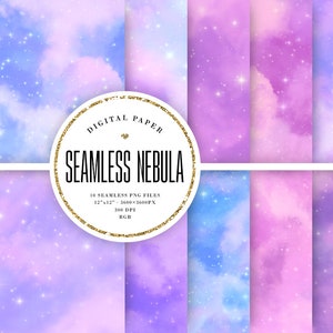 Nebula Seamless Digital Paper, Pastel Galaxy Backgrounds, Purple Space Scrapbook, Tileable Stardust, Aesthetic Milky Way, Commercial Use