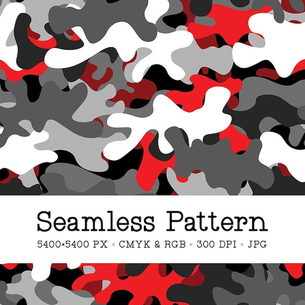 Black & Red Camo Seamless Pattern, Camouflage Digital Paper, Military Background, Abstract Repeat File for Fabric Printing, Commercial Use