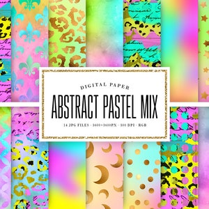May include: A set of 14 digital papers featuring abstract pastel patterns. The patterns include leopard print, floral designs, stars, moons, polka dots, and geometric shapes. The papers are 3600x3600 pixels and 300 DPI.