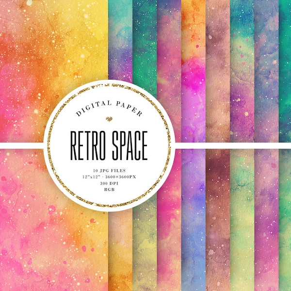 Retro Space Digital Paper, Watercolor Galaxy Backgrounds, Bright Starry Sky Scrapbook Paper, Colorful Cosmos, Yellow Universe, Commeric Use