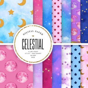Może przedstawiać: Kolekcja cyfrowych wzorów papieru o tematyce niebiańskiej. Wzory obejmują akwarelowe tła ze złotymi brokatowymi księżycami i gwiazdami, różowymi księżycami i gwiaździstymi niebami. Tekst na obrazie brzmi "DIGITAL PAPER CELESTIAL 16 JPG FILES 12"x12" - 3600x3600PX 300 DPI RGB."