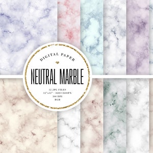 以下が含まれることがあります： 白、グレー、ライトブルー、ピンク、ベージュなどの中立色で、さまざまなマーブル模様を特徴とする12種類のデジタルペーパー背景。各背景は12インチ×12インチ、300DPIです。