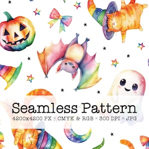 May include: A seamless pattern featuring a variety of Halloween characters and objects, including a rainbow bat, a ghost, a pumpkin, a cat wearing a witch's hat, and stars. All elements are rendered in a watercolor style with vibrant rainbow colors.