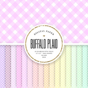 Pastel Buffalo Plaid Digital Paper, 12x12 Seamless Gingham, Kawaii Checkered Patterns, Cute Colors, Basic Scrapbook Papers, Commercial Use