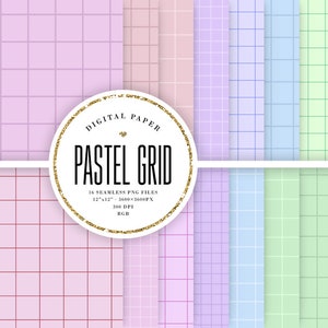 May include: A set of 16 digital paper backgrounds featuring pastel colored grid patterns. Each pattern is 12 inches by 12 inches and 3600 pixels by 3600 pixels. The papers are 300 DPI and in RGB color mode.