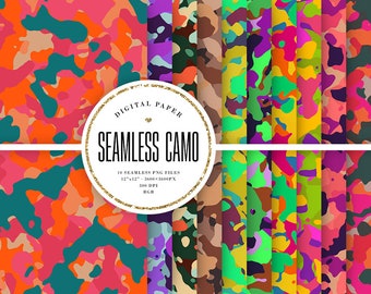 Camo Backgrounds, Seamless Camouflage Patterns, Bright Military Digital Paper, Colorful Army Scrapbooking, Commericial Use, 300DPI, 12x12