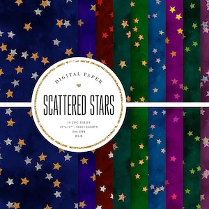 Dark Digital Paper, Gold Stars Backgrounds, Colored Glitter Stars & Watercolor Textures, Deep Blue, Dark Purple, Dark Green, Commercial Use