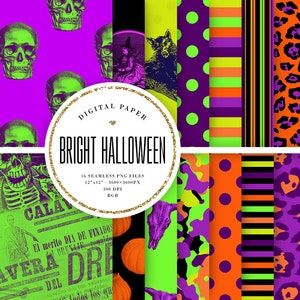 Halloween Seamless Digital Paper, Neon Skull Patterns, Bright Halloween Scrapbooking, Halloween Party Printable Paper 12x12, Commercial Use