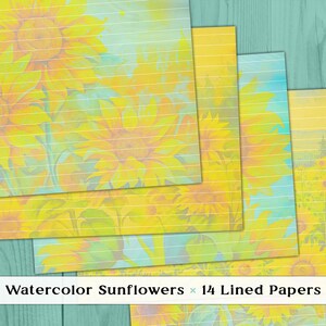 Lined Digital Paper, Landscape Writing Papers, Yellow, Sunflower Horizontal Pages, Junk Journal Printable Floral Stationery US Letter 8.5x11