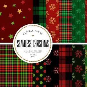 Christmas Digital Paper, Seamless Christmas Patterns, Red & Green Plaid Scrapbook Paper, Glitter Snowflakes Backgrounds, COMMERCIAL USE