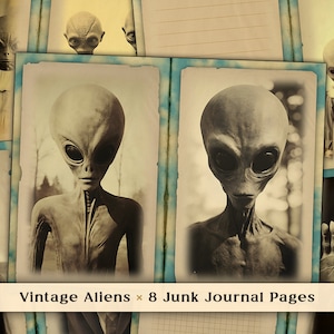Vintage Aliens Junk Journal Double Pages, UFO, Galaxy Scrapbooking, Creepy Old Photo Scrapbook Collage Papers, Digital Download Printables