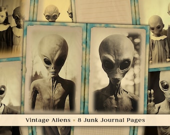 Vintage Aliens Junk Journal Double Pages, UFO, Galaxy Scrapbooking, Creepy Old Photo Scrapbook Collage Papers, Digital Download Printables