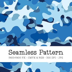 Blue Camo Seamless Pattern, Camouflage Digital Paper, Winter Military Background, Abstract Repeat File for Fabric Printing, Commercial Use