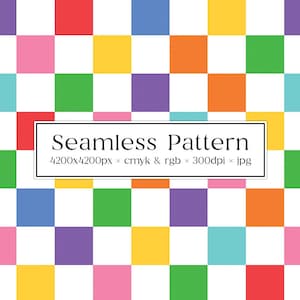 May include: A seamless pattern with alternating squares in red, yellow, green, blue, pink, orange, purple, and turquoise. The squares are arranged in a checkerboard pattern on a white background.