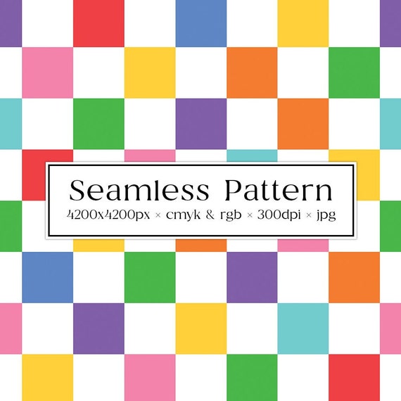 White & Rainbow Checkered Pattern, Seamless Background for Fabric, Repeat Digital File, CMYK Colors, 300DPI, Colorful Checks, Commercial Use
