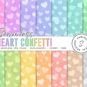 May include: A set of 14 digital paper patterns featuring white hearts on a variety of pastel backgrounds. The patterns are seamless and can be used for scrapbooking, card making, and other craft projects. The text "Seamless Heart Confetti" is displayed at the top of the image.