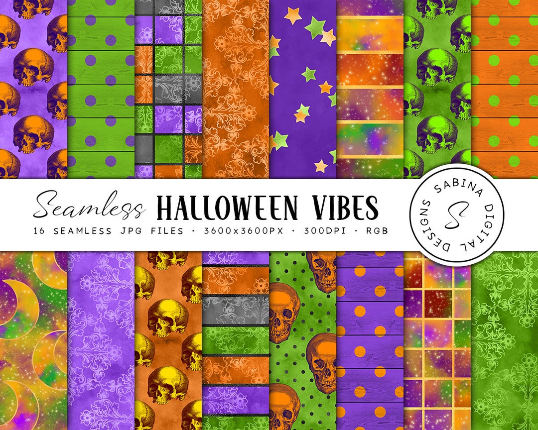 Halloween Digital Paper Pack, Seamless Halloween Patterns Mix, Skull ...