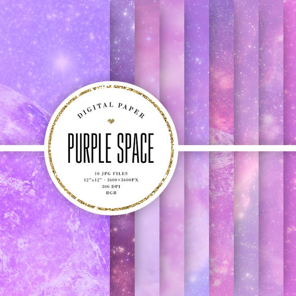 Purple Galaxy Digital Paper, Aesthetic Space Backgrounds, Cosmic Pastel Textures, Starry Sky, 12x12 Universe, Violet Nebula, Commercial Use