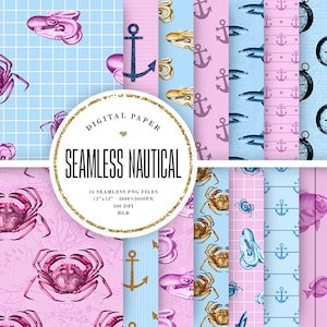 Nautical Seamless Patterns, Pastel Pink & Blue Marine Digital Paper, Octopus Scrapbook, Anchors, Fish, Wood, Commercial Use Backgrounds
