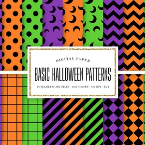 May include: A set of 18 digital paper patterns featuring Halloween themes. The patterns include polka dots, moons, stripes, zigzags, and diamonds in black, orange, green, and purple.