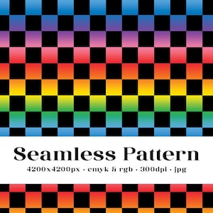 May include: A seamless pattern with a checkerboard design featuring alternating black squares and squares with a gradient of rainbow colors. The colors are blue, purple, pink, orange, yellow, green, and blue. The text "Seamless Pattern" is displayed below the pattern. The text "4200x4200px - cmyk & rgb - 300dpi - jpg" is displayed below the text "Seamless Pattern".