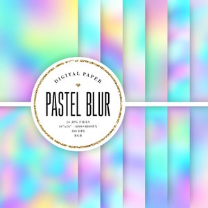 May include: A set of 16 digital paper backgrounds featuring a pastel blur effect in various shades of blue, pink, yellow, and green. The papers are 40.6 cm by 40.6 cm and 300 DPI.