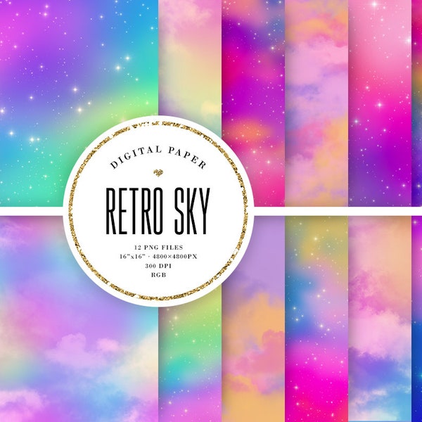 Retro Sky Digital Paper, Bright Nebula Backgrounds, Colorful Galaxy Printable Scrapbook, Cloudy Multicolored Wallpapers For Commercial Use