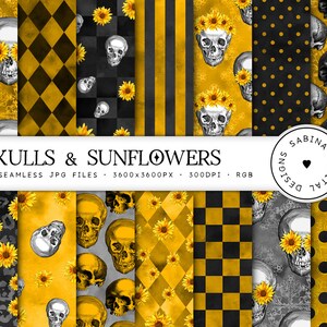 May include: A set of 14 digital paper designs featuring skulls and sunflowers in black, white, and yellow. The papers are seamless and can be used for scrapbooking, card making, and other craft projects.  "Skulls & Sunflowers" and "14 Seamless JPG Files - 3600x3600PX - 300DPI - RGB" are written on a white banner.