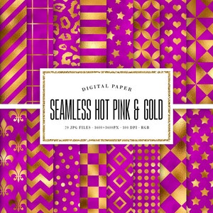 May include: A digital paper set featuring various patterns in hot pink and gold. Designs include crowns, stripes, leopard print, stars, hearts, and geometric shapes. The text reads "SEAMLESS HOT PINK & GOLD".