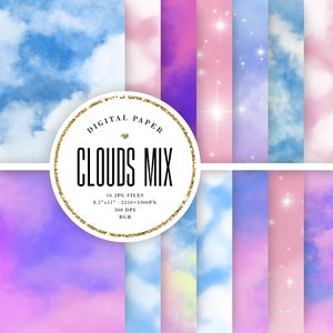 Clouds Mix Digital Paper, Invitation Making Digital Scrapbooking, Pink &Blue Sky Backgrounds, US Letter 8.5x11 Skies, USO COMERCIAL