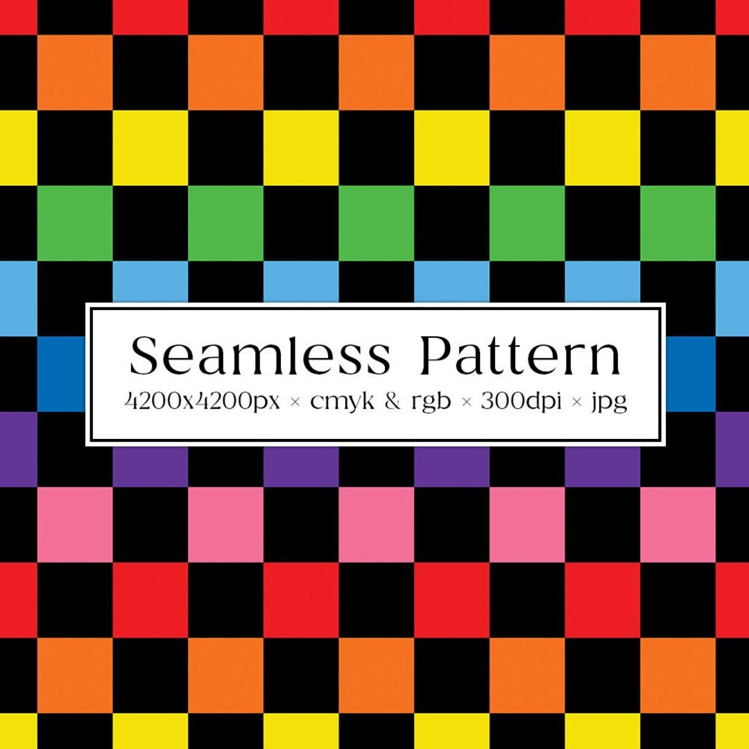 Black Rainbow Checkered Pattern Seamless Background for Fabric Repeat Digital File CMYK Colors 300DPI Colorful Checks Commercial Use Etsy