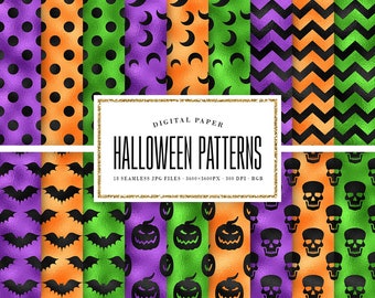 Halloween Seamless Patterns, Halloween Scrapbook Paper, Simple Halloween Backgrounds, Glowing Halloween Digital Paper 12x12, COMMERCIAL USE
