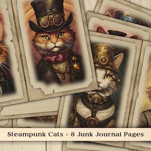Páginas de diario basura de gatos Steampunk, scrapbooking digital de animales Steampunk lindos, papeles de álbum de recortes horizontales, descarga instantánea imprimible