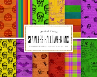 Seamless Halloween Digital Paper Mix, Halloween Scrapbook Paper, Wood Backgrounds, Bright Halloween Ephemera, Skull Patterns, COMMERCIAL USE