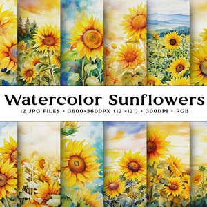 Watercolor Sunflowers Digital Paper, High Quality Watercolour Backgrounds, Sun flower Illustration Scrapbook Paper 12x12, Commercial Use